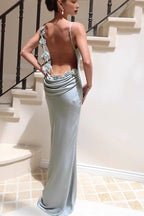 Satin Cowl Neck Spaghetti Strap Mermaid Hem Maxi Gown