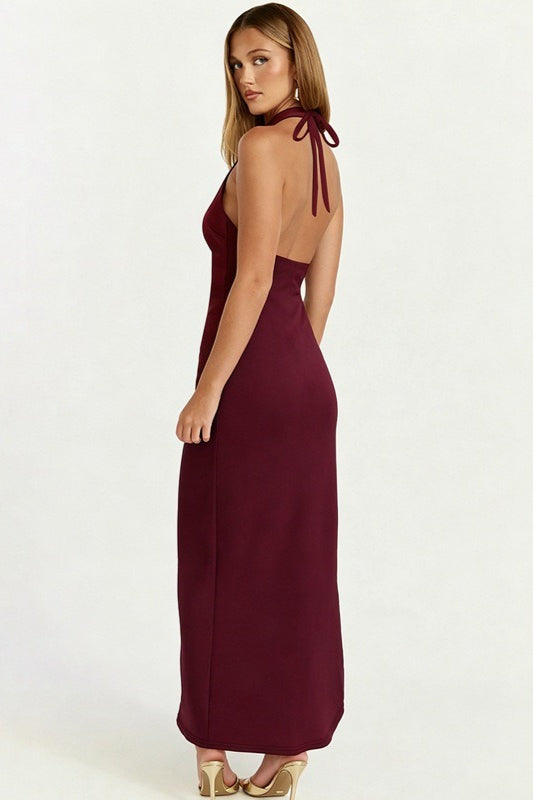 Halter Neck Scoop Neck Ruched Draped Side Slit Maxi Dress