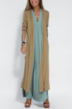 Deep V-Neck Center Pleat Sleeveless Flowy Maxi Dress