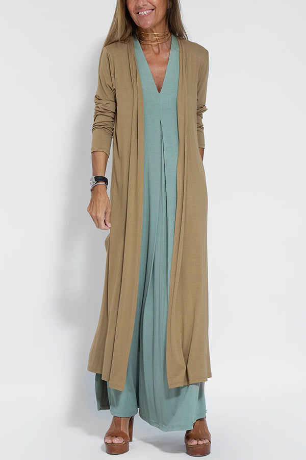 Deep V-Neck Center Pleat Sleeveless Flowy Maxi Dress