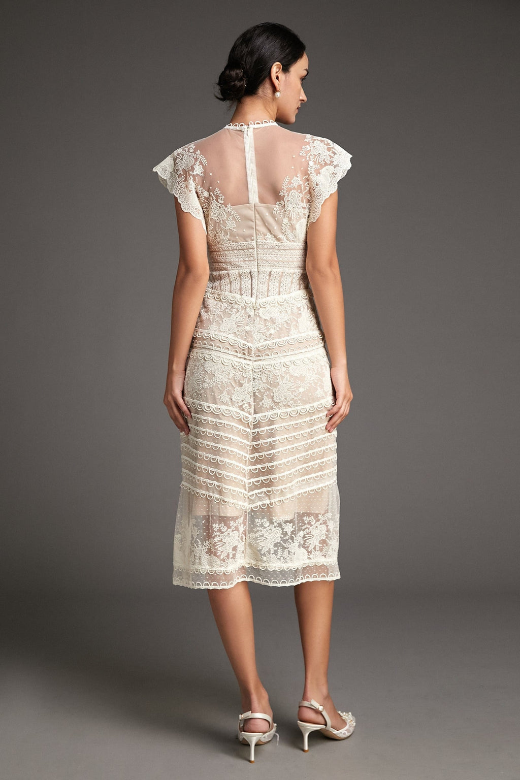 Floral Lace High Neck Flutter Sleeve Tiered Scallop Trim Midi Dress