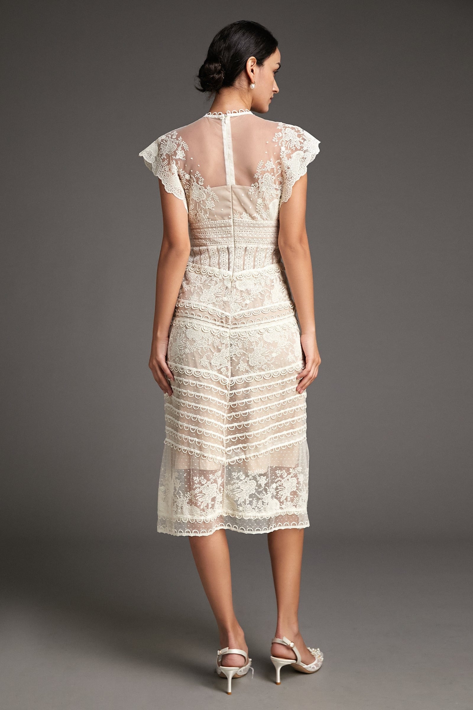 Floral Lace High Neck Flutter Sleeve Tiered Scallop Trim Midi Dress