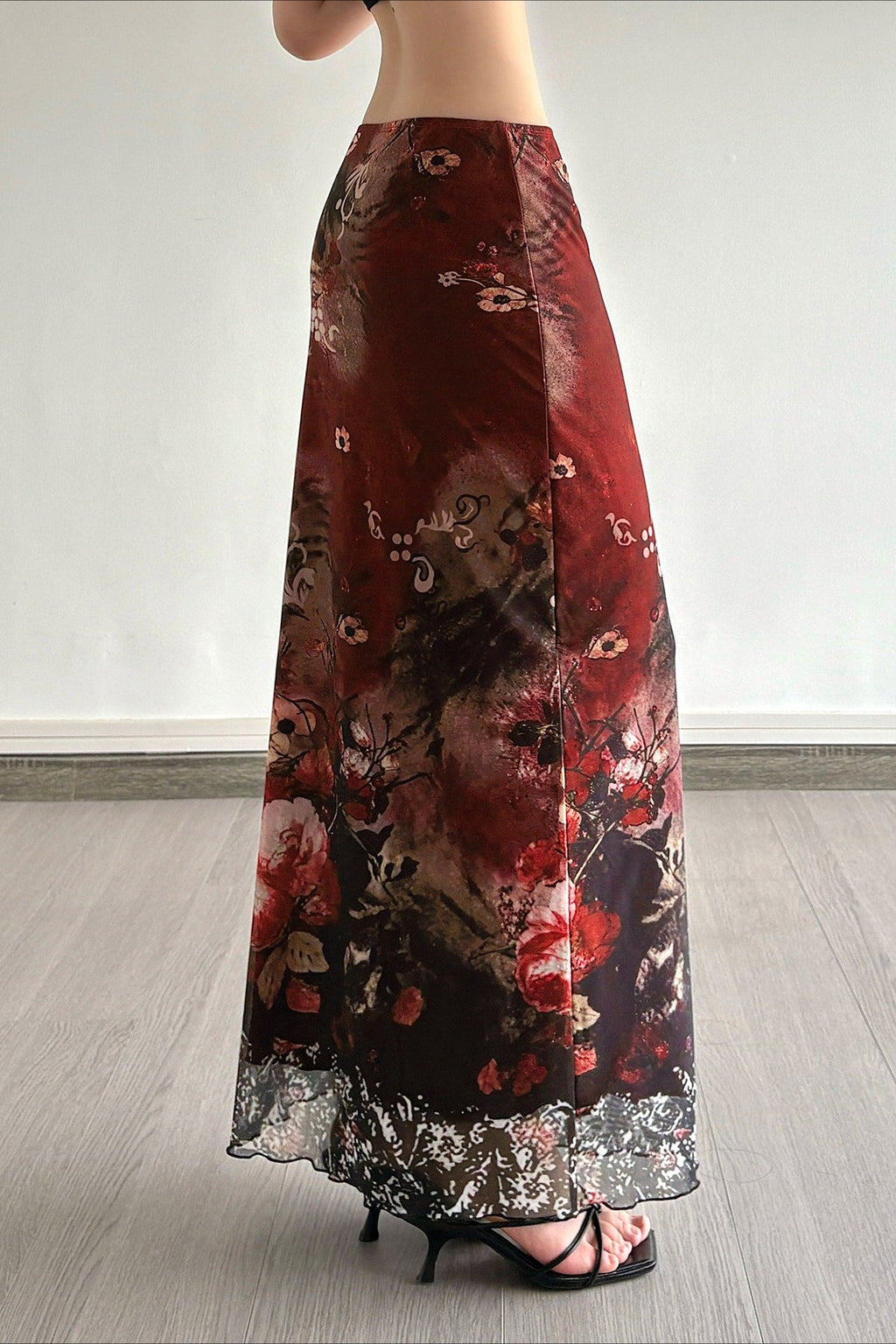 Vintage Art Print Sheer Panel Bodycon Skirt