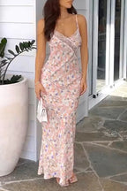 Floral Print Lace Trim Deep V-Neck Spaghetti Strap Slip Maxi Dress