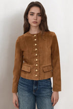 Metallic Button Cropped Suede Jacket