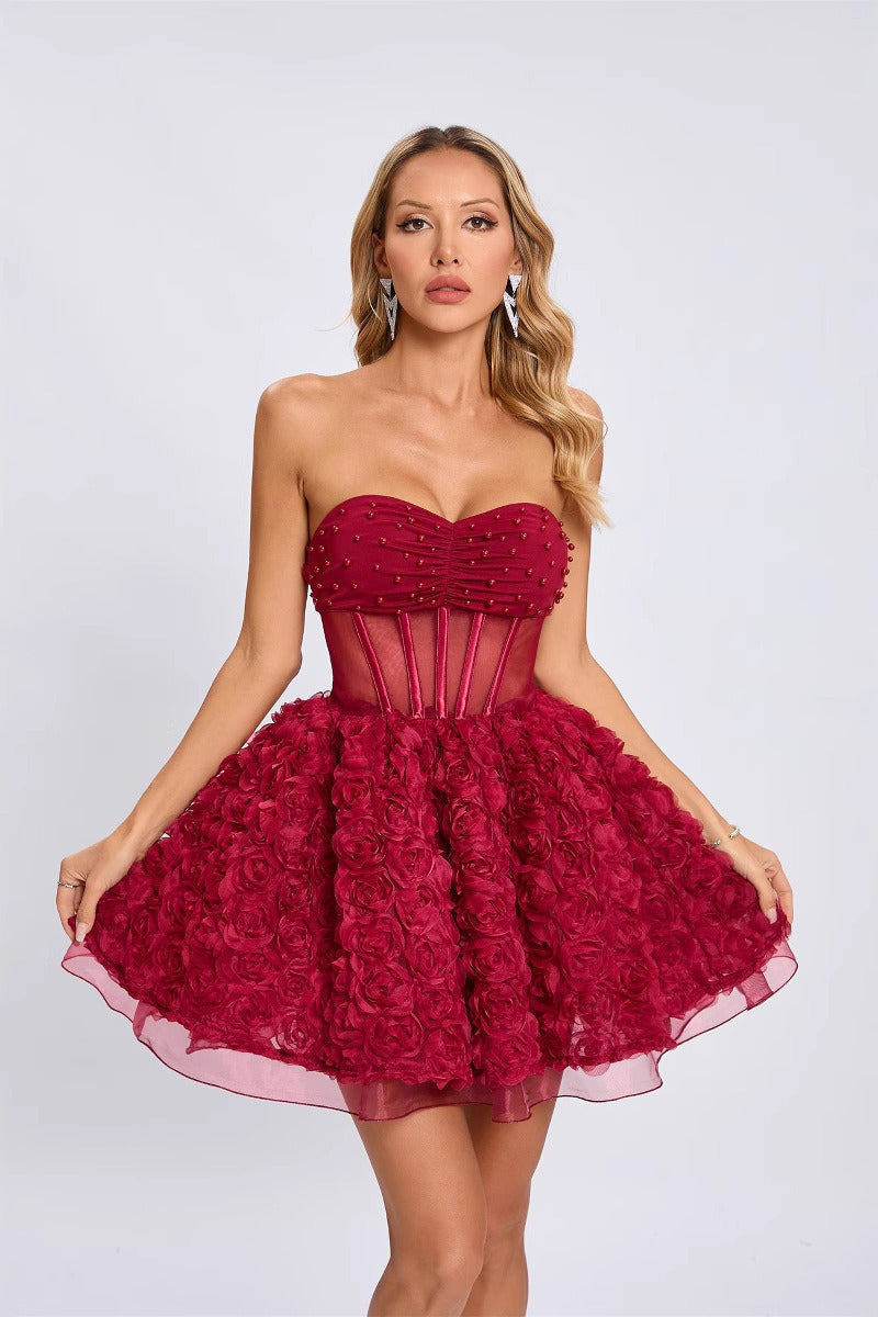 Strapless Sweetheart Pearl Beaded Ruched Bust Corset 3D Rosette Tulle A-Line Mini Dress