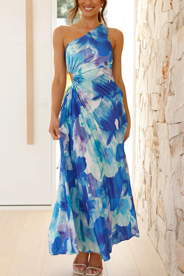 Floral Pleated One-Shoulder Twist Waist Side Cutout Maxi Dress