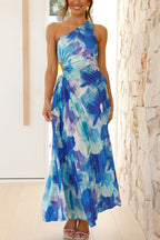 Floral Pleated One-Shoulder Twist Waist Side Cutout Maxi Dress