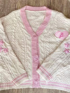 Contrast Trim Star Embroidery V Neck Cardigan