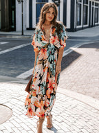 Deep V Neck Tropical Floral Maxi Dress for Women - Multi Print Split Hem Boho Dress - Summer Beach Vacation 2026