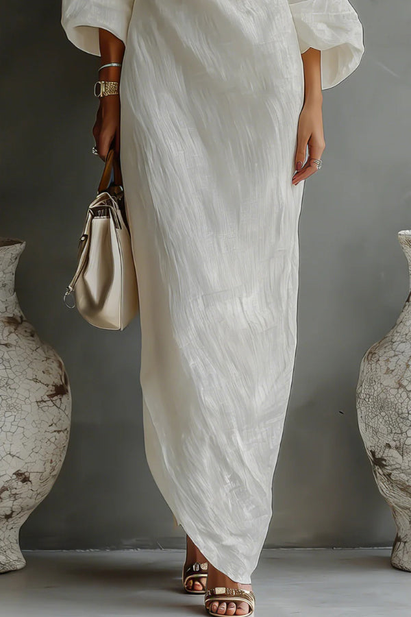 Linen Blend Loose-fitting Slanted Neck Lantern Sleeve Casual Maxi Dress