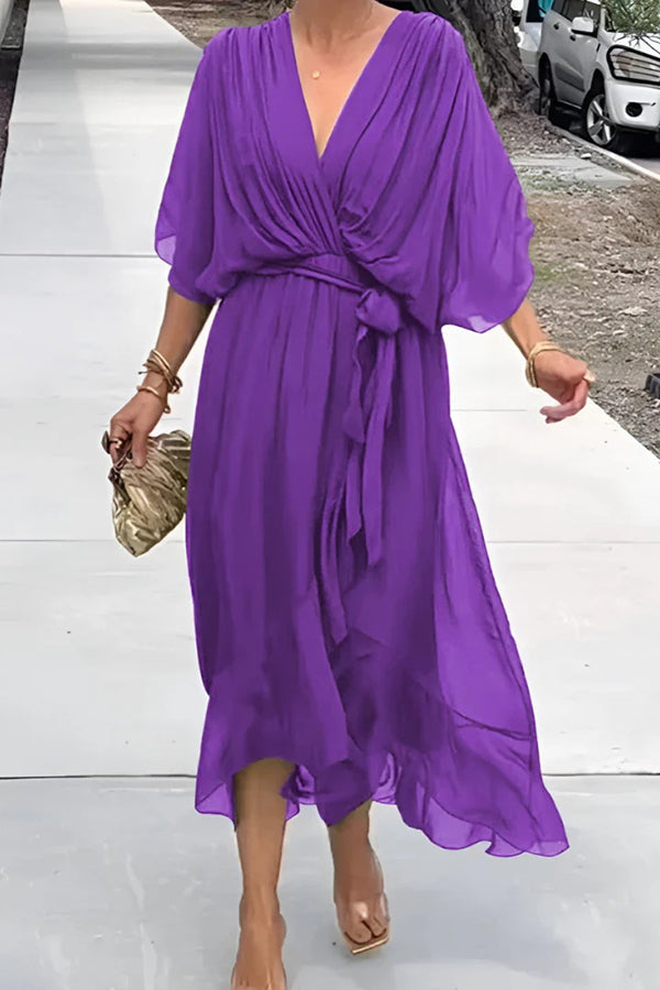 Deep V-Neck Flutter Sleeve Tie Waist Handkerchief Hem Midi Dress