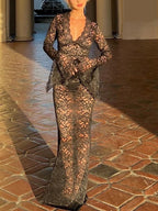 Deep V Lace Pattern See-Through Slim Fit Maxi Dress