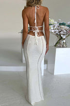 Plunging Halter Neck Crochet Waist Cut Out Open Knit Maxi Dress