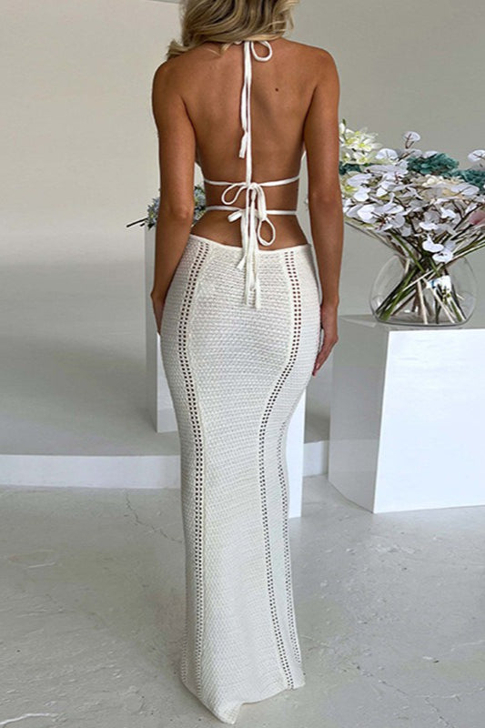 Plunging Halter Neck Crochet Waist Cut Out Open Knit Maxi Dress