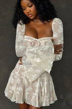 Lace Corset Bodice Tie Front Off Shoulder Bell Sleeve Mini Dress
