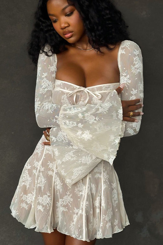 Lace Corset Bodice Tie Front Off Shoulder Bell Sleeve Mini Dress