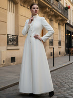 White Woolen Full-Length Coat With Stand Collar And A-Line Silhouette For Women 2026