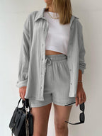 Long-sleeved Shirt And High-waisted Drawstring Shorts Casual Two-piece Set