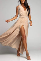 V Neck Sleeveless Back Criss Cross High Slit Maxi Party Dress