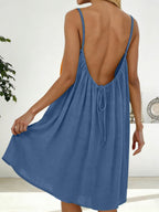 Ice Silk Linen Backless Halter Solid Color Midi Dress