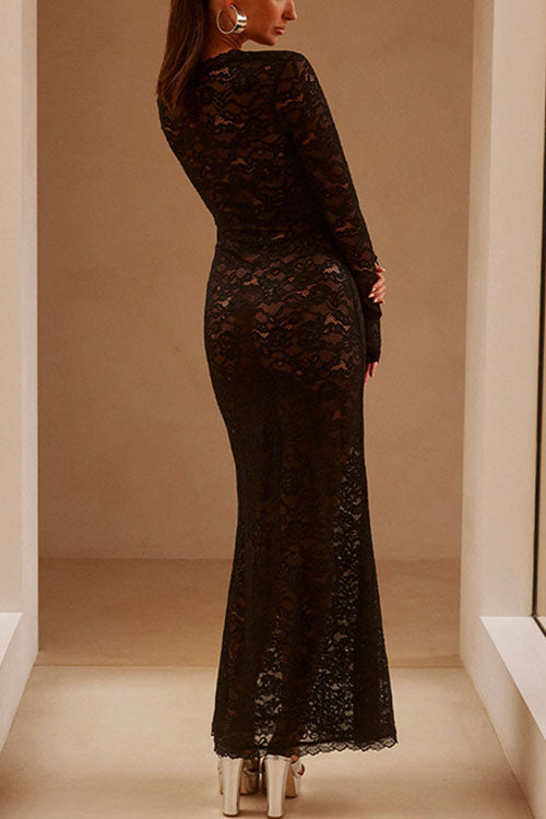 Square Collar Lace Mermaid Maxi Dress