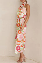 Cowl Neck Sleeveless Floral Print Satin Bias Cut Midi Dress