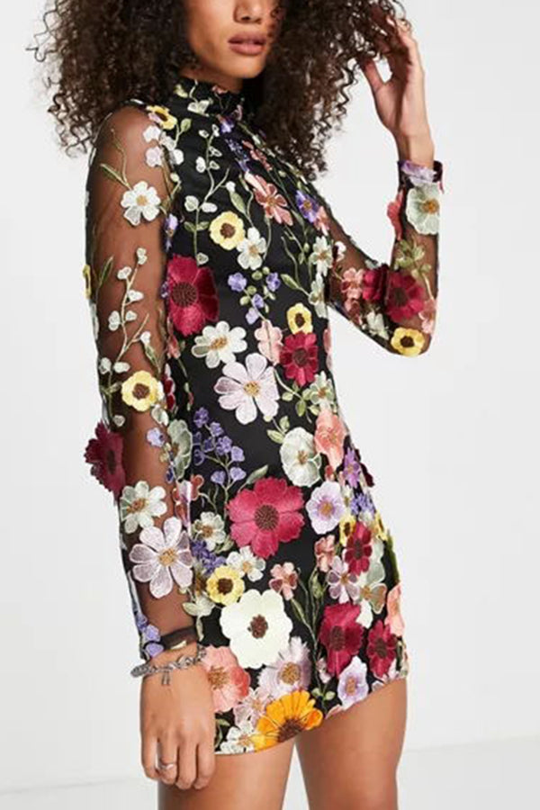 Mock Neck Long Sleeve Sheer Mesh 3D Floral Applique Mini Dress