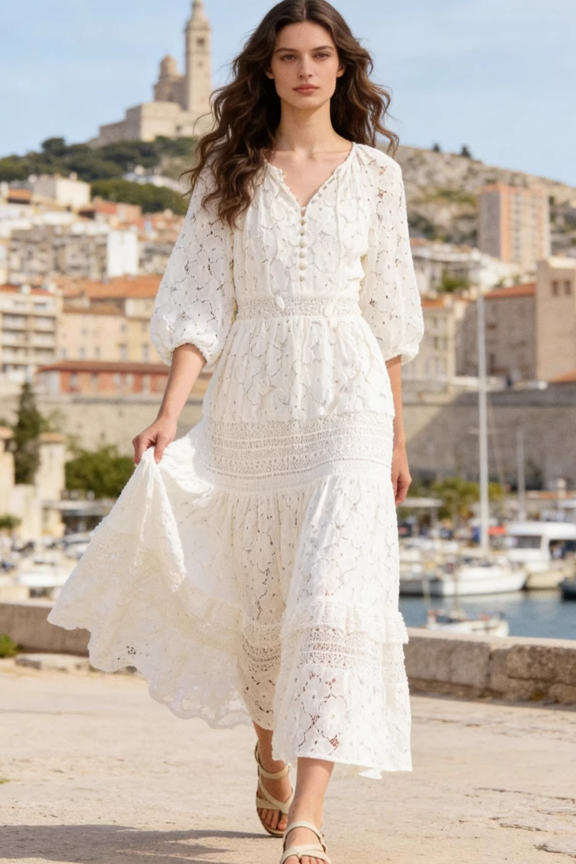 Eyelet Lace Tiered Puff Sleeve Button Front Midi Dress