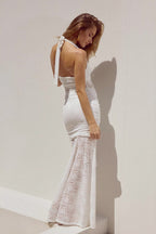 Lace Halter Sweetheart Ruched Sheer Panel Center Ruffle Maxi Dress