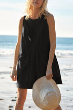 Solid Color Casual Round Neck Sleeveless Pocket Loose Rompers