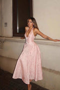 Floral Jacquard Halter Neck Deep V-Neck Pleated Fit and Flare Midi Dress