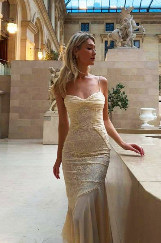 Beige Lace Ruffle Slip Maxi Dress