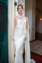 Elegant Satin Slant Neck Sheath Formal Dress