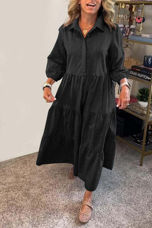 Collared Button Front Tiered Elastic Cuff Long Sleeve Midi Shirt Dress