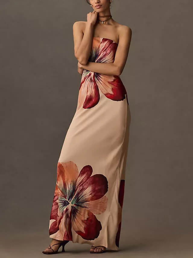 Floral Print Strapless Column Maxi Dress