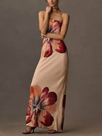 Floral Print Strapless Column Maxi Dress