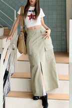 American Utility Denim Slit Midi Skirt