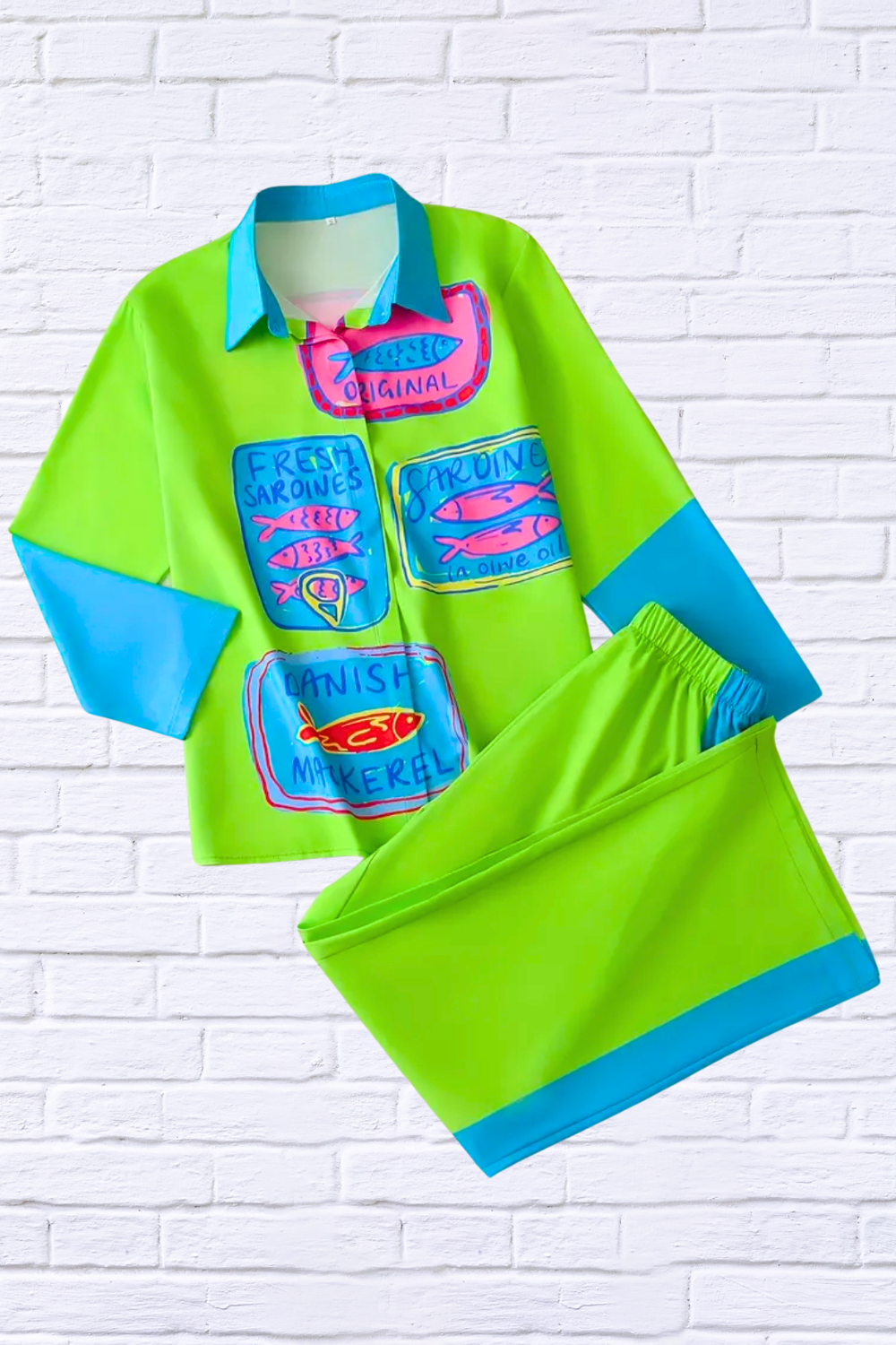 Fun, Bold, Eye-Catching Long Sleeved Elastic Waist Pants Set _ Lime Green and Turquoise