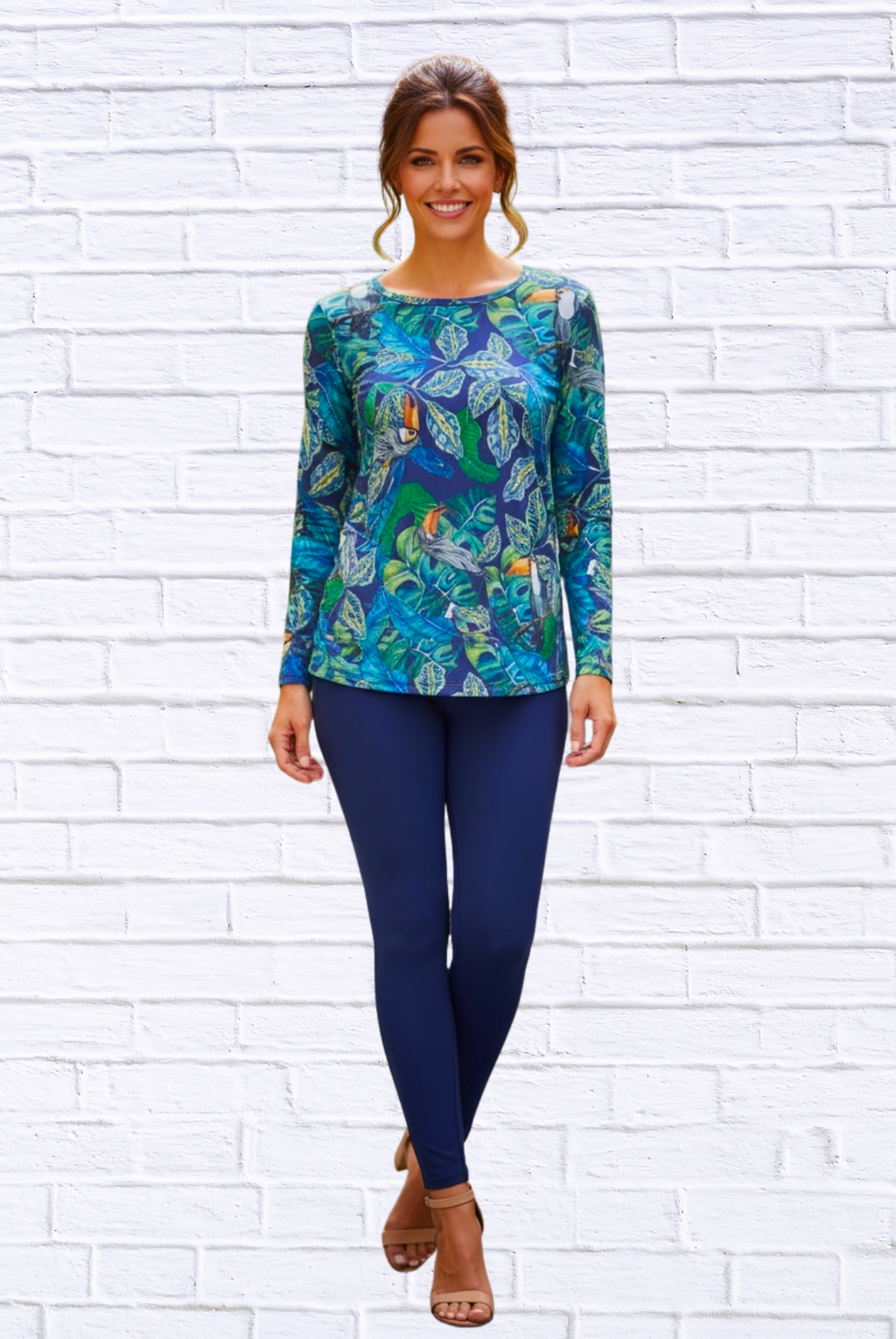 Tropical Toucan Print Long Sleeve Top _ Soft Knit Round Neck Casual Statement Blouse