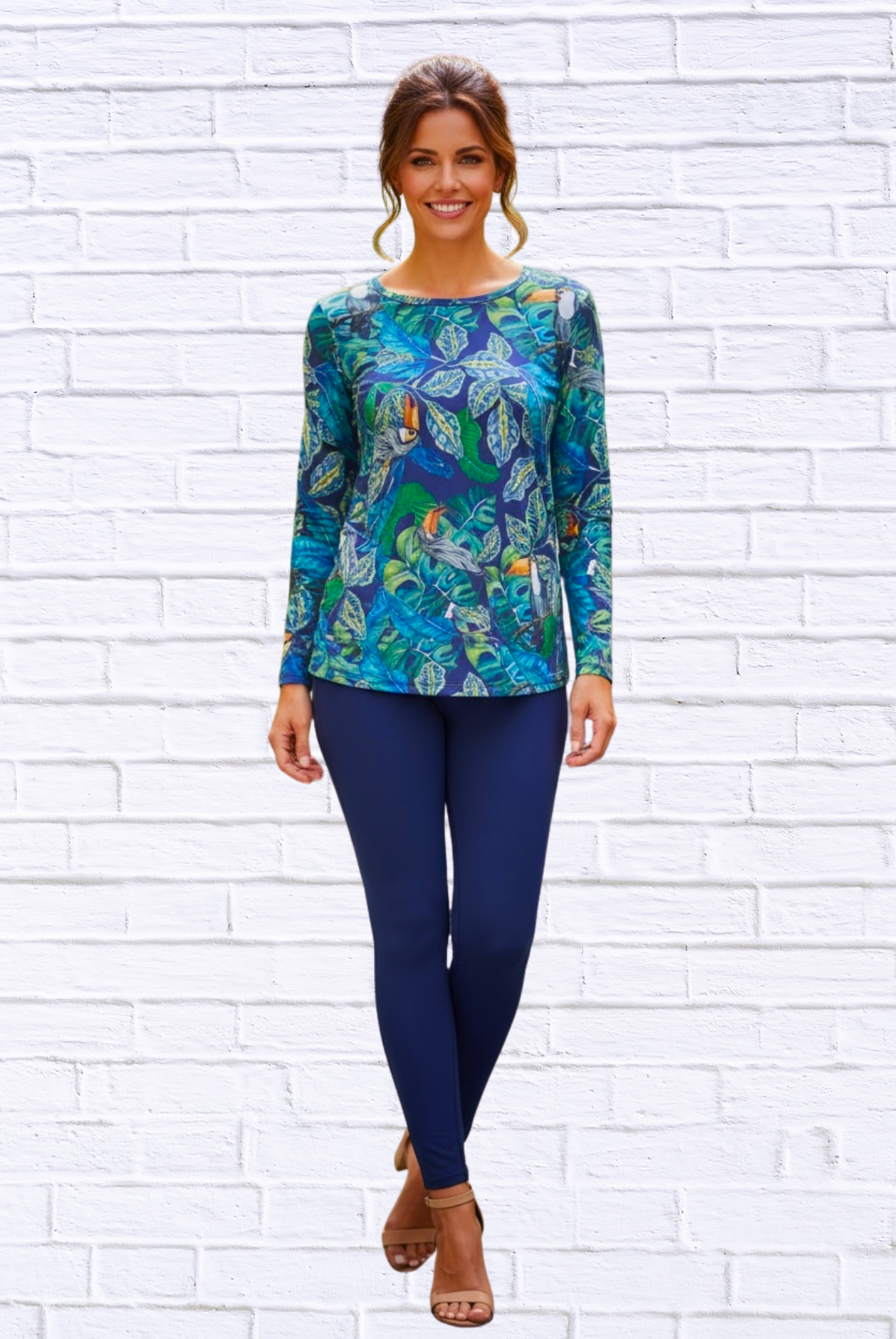 Tropical Toucan Print Long Sleeve Top _ Soft Knit Round Neck Casual Statement Blouse