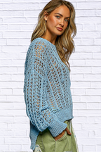 POL Openwork Round Neck High Low Knit Top