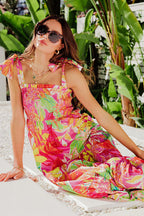 Smocked Square Neck Tie Shoulder Tiered Tropical Floral Maxi Dress