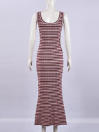 Striped Color Blocking Asymmetrical Neckline And Sleeveless Maxi Dresses