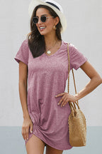 V-Neck Short Sleeve Side Knot Twist Hem T-Shirt Mini Dress