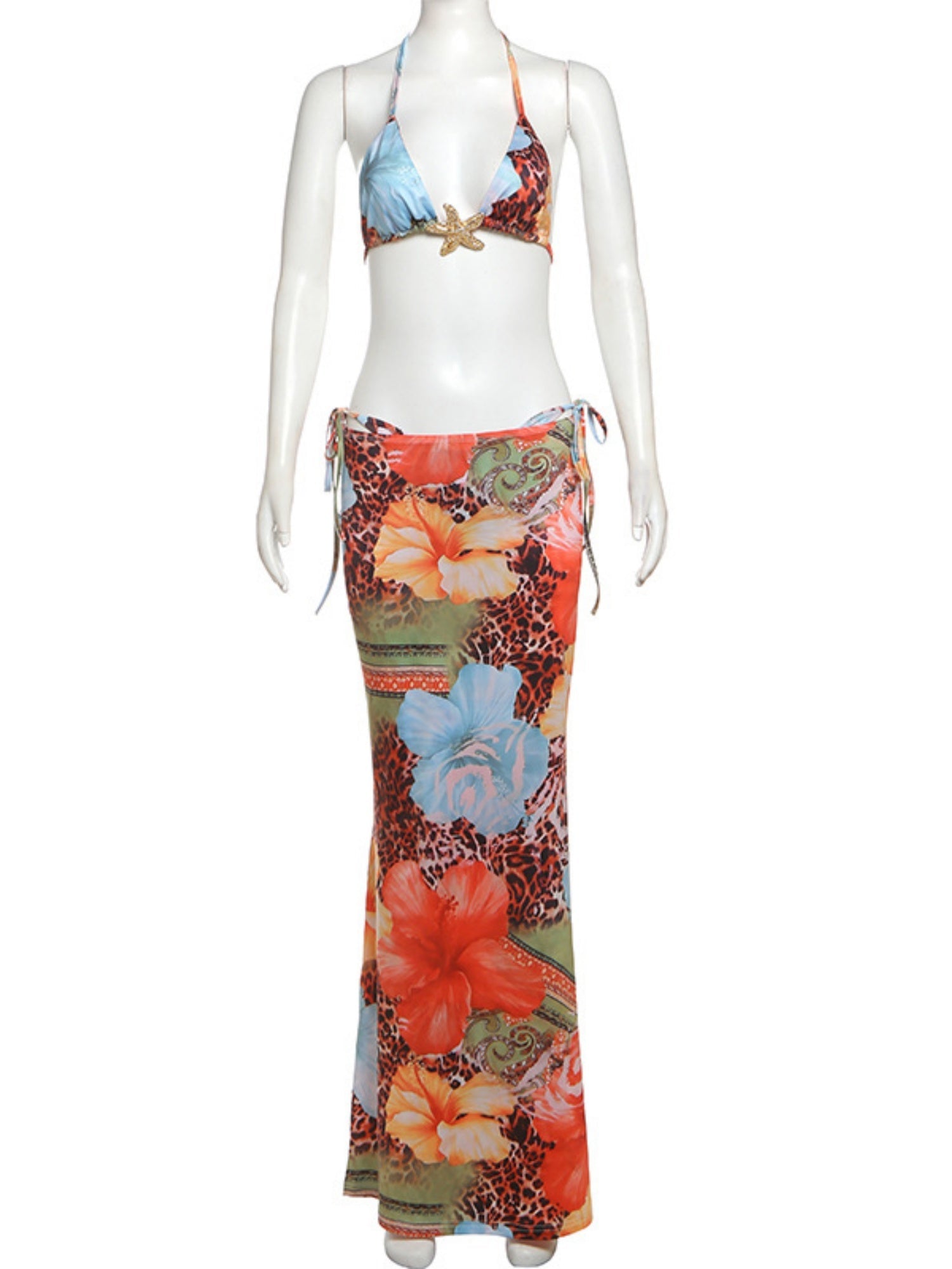 Color-blocked Print Strappy Top High-waisted Midi Skirt 3 Piece Bikinis