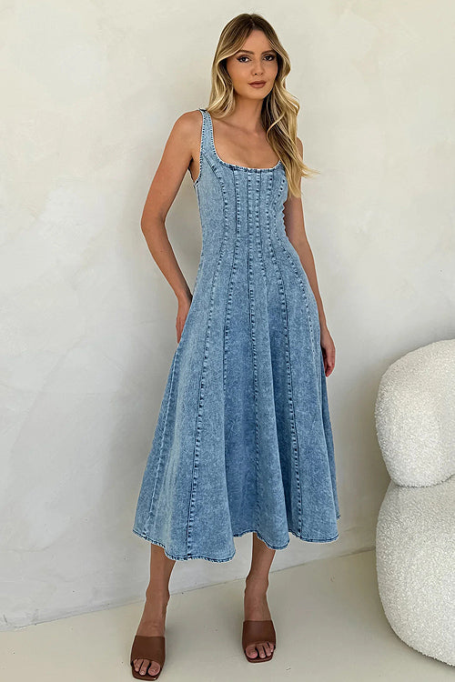 Paneled Denim Square Neck Sleeveless Fit and Flare Mini Dress