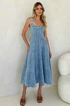 Paneled Denim Square Neck Sleeveless Fit and Flare Mini Dress