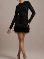 Sequins Feather Trim Mini Dresses