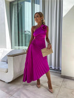 Sloping Shoulders Pleated Hollow Flowers Parties Bridesmaid Maxi Dresses